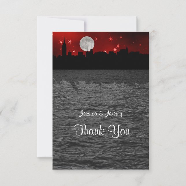 NYC Skyline Silhouette Moon Red Thank You Card (Front)