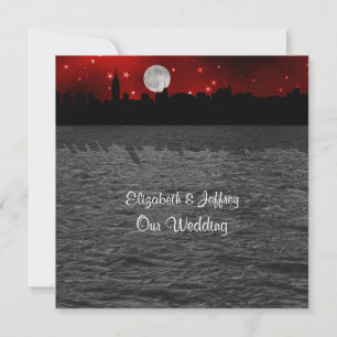 NYC Skyline Silhouette Moon Red Wedding SQ Invitation