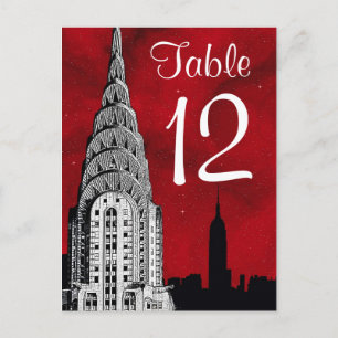 NYC Skyline Silhouette Red Starry Table Number Postcard