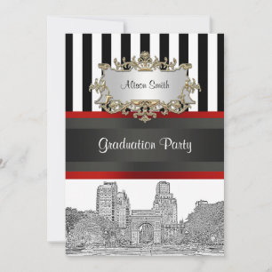 NYC Skyline Wash Sq Pk Bk Wht Stripe Graduation Invitation