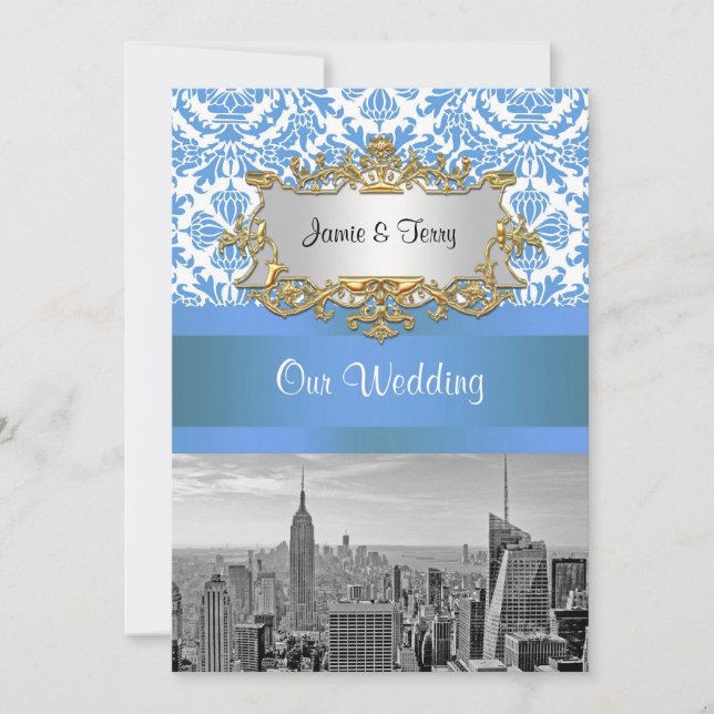 NYC SNYC Skyline BW D4 Damask Wedding Invitation V (Front)