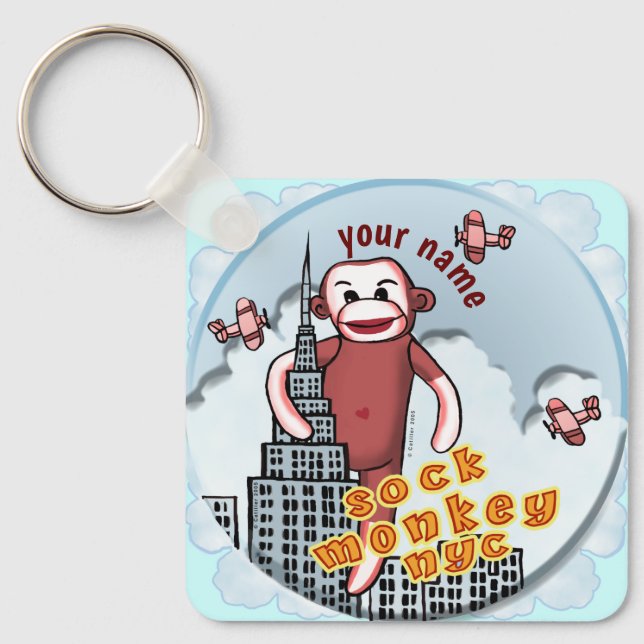 NYC Sock Monkey custom name Key Ring (Front)