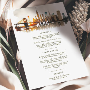 NYC Sundown Skyline Watercolor Wedding Menu Card