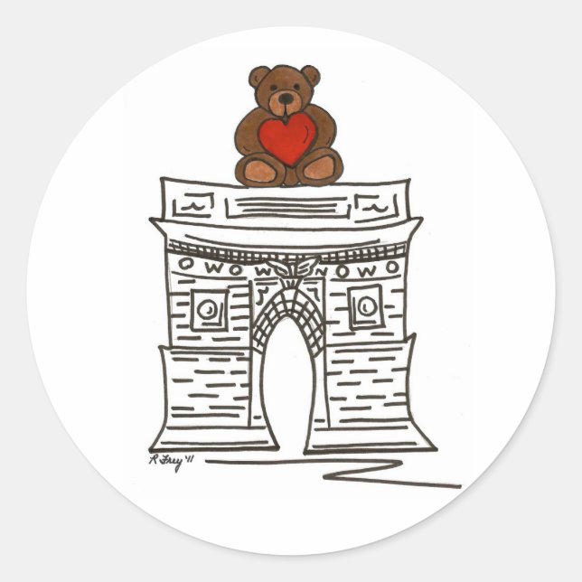 NYC Valentine Washington Square Arch Teddy Bear Classic Round Sticker (Front)