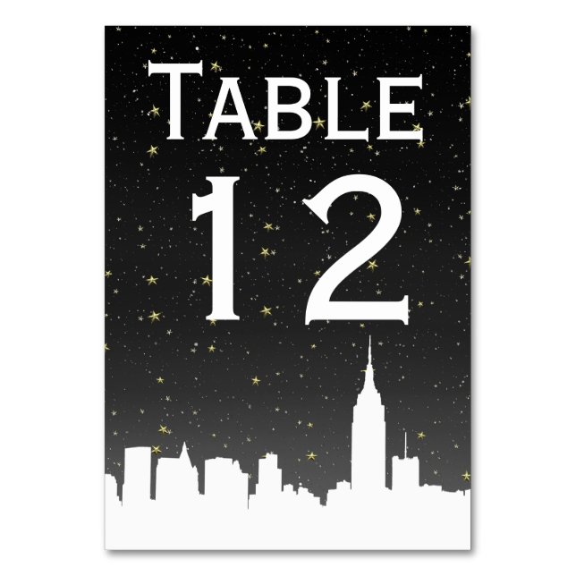 NYC White Skyline Silhouette Starry Black Sky Table Number (Front)