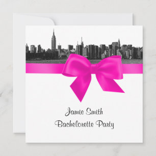 NYC Wide Skyline Etch BW Hot Pink Bachelorette SQ Invitation