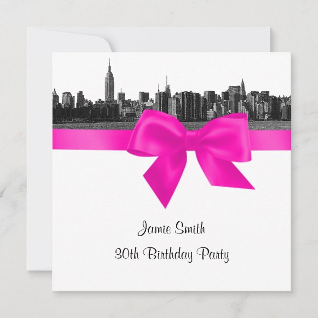 NYC Wide Skyline Etch BW Hot Pink Birthday Pty SQ Invitation (Front)