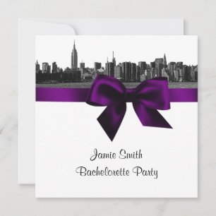 NYC Wide Skyline Etch BW Purple Bachelorette SQ Invitation