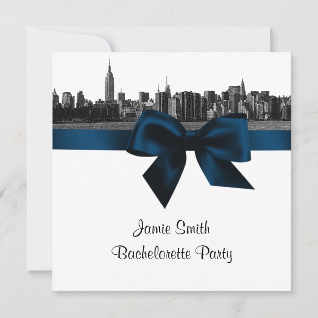 NYC Wide Skyline Etchd BW Navy Bachelorette Pty SQ Invitation (Front)