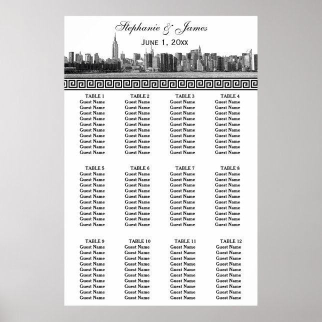 NYC Wide Skyline Etched BW Black Greek Key S Poster (Front)