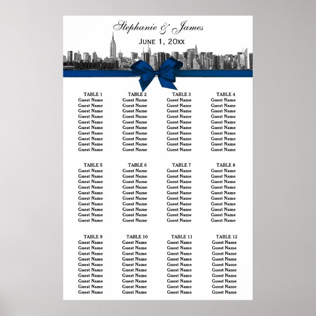 NYC Wide Skyline Etched BW Blue Bow Seating Chart (Front)