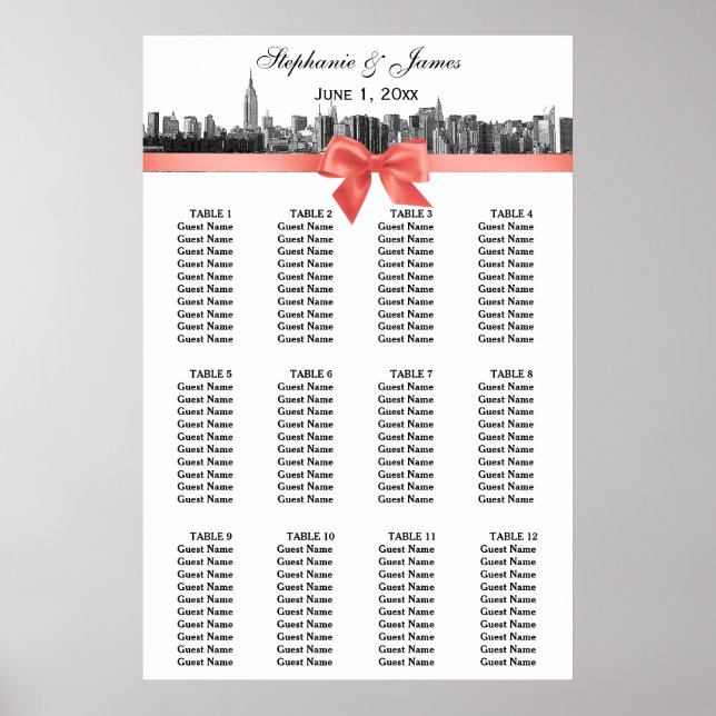 NYC Wide Skyline Etched BW Coral Bow Poster (Front)