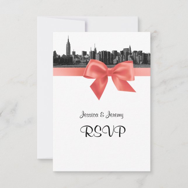 NYC Wide Skyline Etched BW Coral RSVP #2 Card (Front)