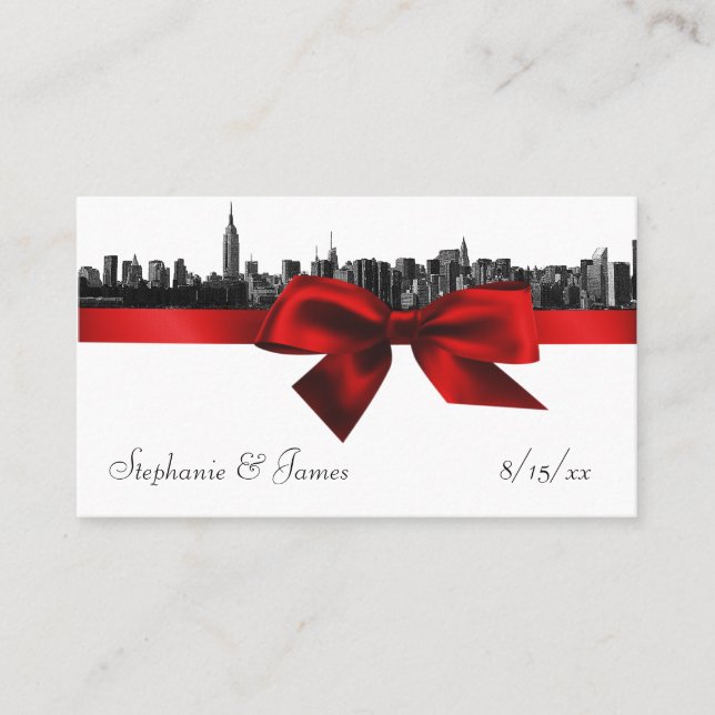 NYC Wide Skyline Etched BW Dark Red Escort Cards (Front)