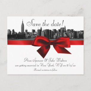 NYC Wide Skyline Etched BW Dark Red Save the Date Announcement Postcard
