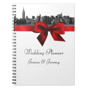 NYC Wide Skyline Etched BW Dk Red Planner Notebook