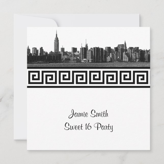 NYC Wide Skyline Etched BW GK Sweet Sixteen SQ Invitation (Front)