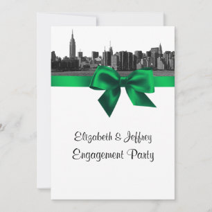 NYC Wide Skyline Etched BW Green Engagement Party Invitation