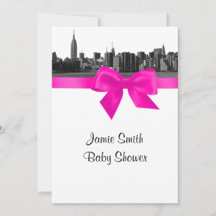 NYC Wide Skyline Etched BW Hot Pink Baby Shower Invitation