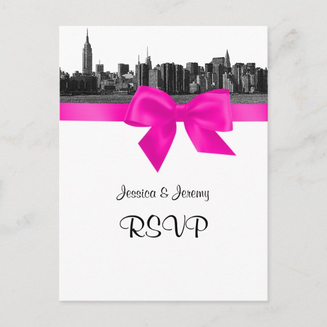 NYC Wide Skyline Etched BW Hot Pink RSVP 1 Invitation Postcard (Front)