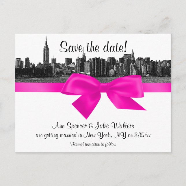 NYC Wide Skyline Etched BW Hot Pink Save the Date Announcement Postcard (Front)