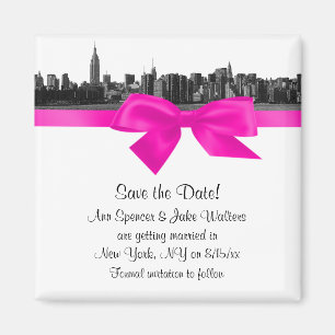 NYC Wide Skyline Etched BW Hot Pink Save the Date Magnet