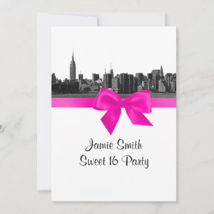 NYC Wide Skyline Etched BW Hot Pink Sweet 16 Invitation