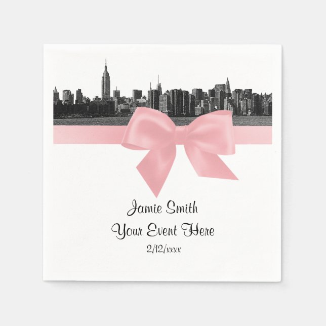 NYC Wide Skyline Etched BW Light Pink Ribbon Napkin (Front)