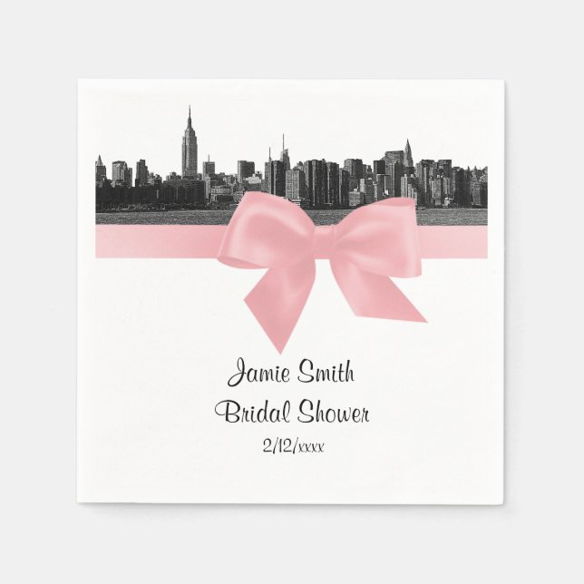 NYC Wide Skyline Etched BW Light Pink Ribbon Napkin (Front)