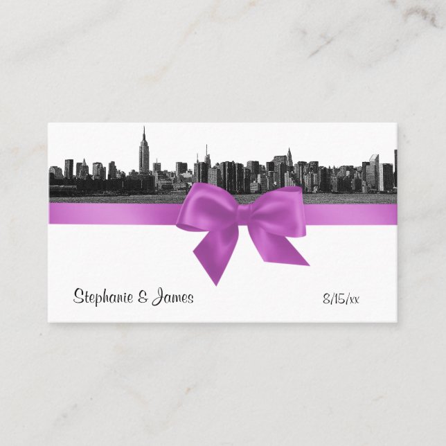 NYC Wide Skyline Etched BW Lilac Escort Cards (Front)