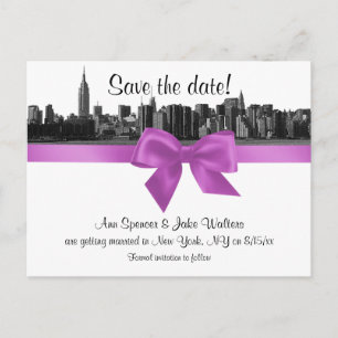 NYC Wide Skyline Etched BW Lilac Save the Date Announcement Postcard