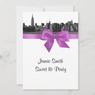 NYC Wide Skyline Etched BW Lilac Sweet 16 Invitation