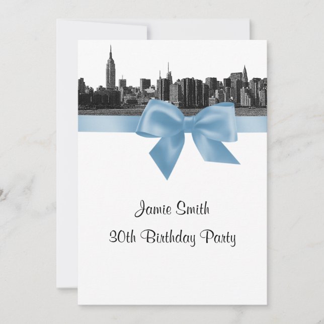 NYC Wide Skyline Etched BW Lt Blue Birthday Party Invitation (Front)