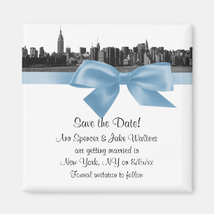 NYC Wide Skyline Etched BW Lt Blue Save the Date Magnet