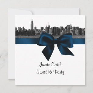 NYC Wide Skyline Etched BW Navy B Sweet Sixteen SQ Invitation