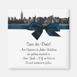 NYC Wide Skyline Etched BW Navy Blue Save the Date Magnet