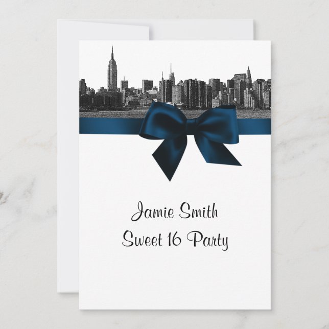 NYC Wide Skyline Etched BW Navy Blue Sweet Sixteen Invitation (Front)