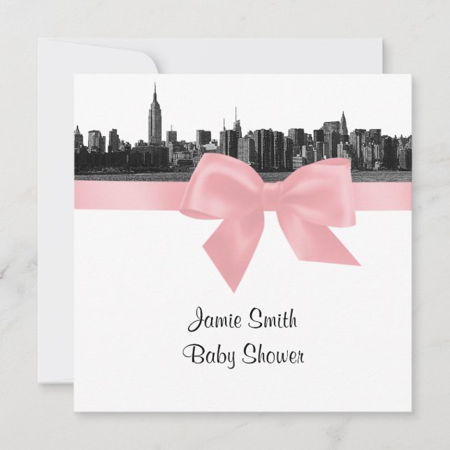 NYC Wide Skyline Etched BW Pink Baby Shower SQ Invitation (Front)