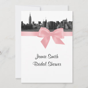 NYC Wide Skyline Etched BW Pink Bridal Shower Invitation