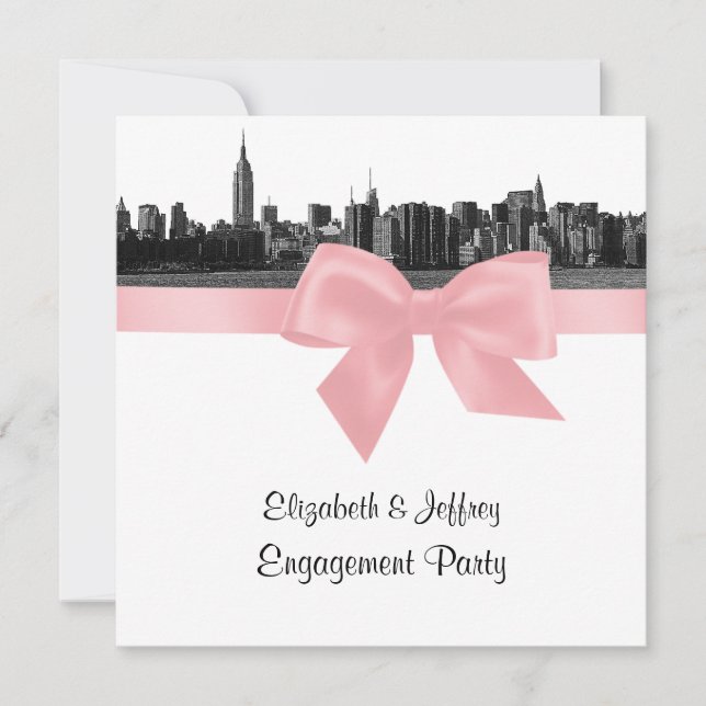 NYC Wide Skyline Etched BW Pink Engagement Pty SQ Invitation (Front)