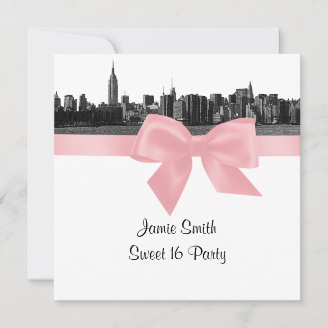 NYC Wide Skyline Etched BW Pink Sweet Sixteen SQ Invitation (Front)