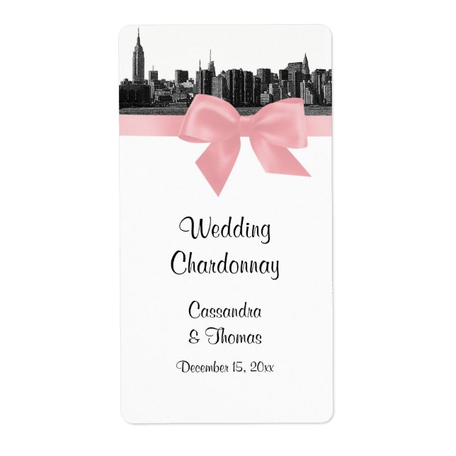 NYC Wide Skyline Etched BW Pink Wine Label (Front)