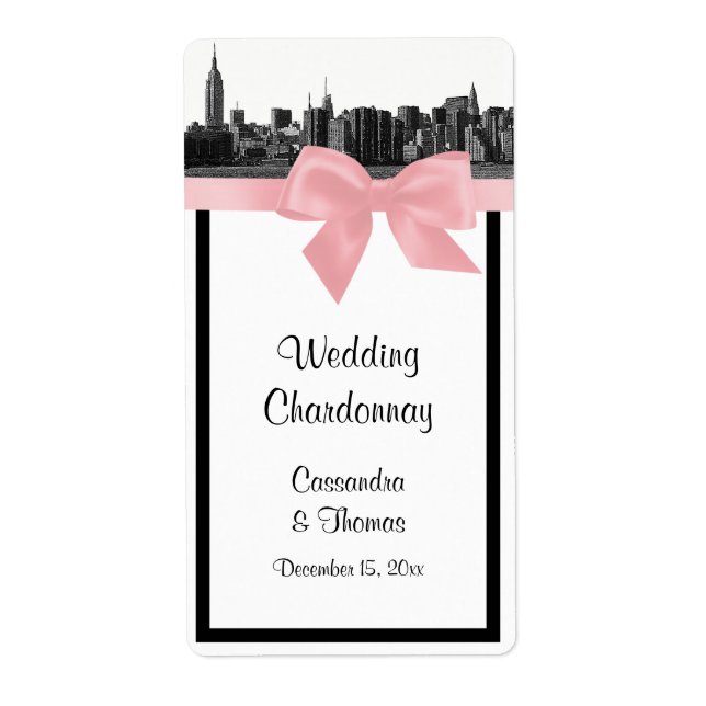 NYC Wide Skyline Etched BW Pink Wine Label (Front)
