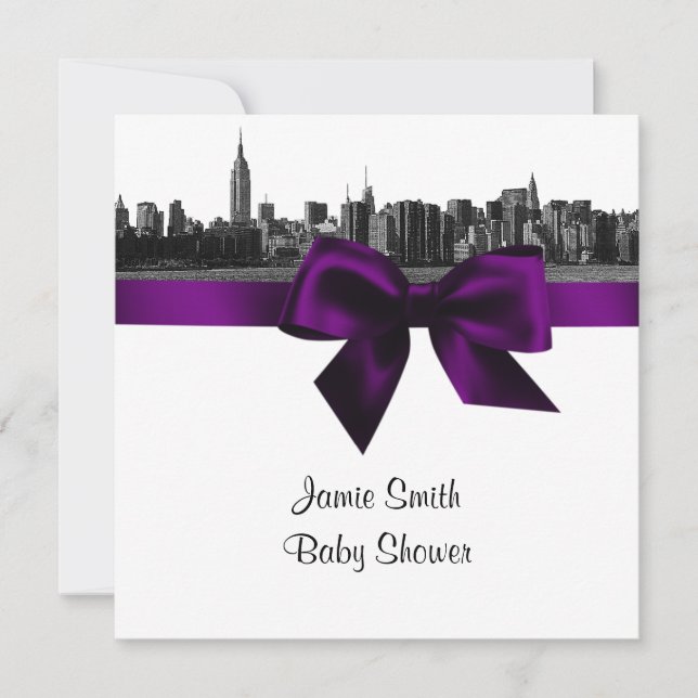 NYC Wide Skyline Etched BW Purple Baby Shower SQ Invitation (Front)