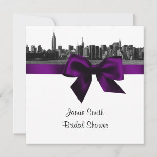 NYC Wide Skyline Etched BW Purple Bridal Shower SQ Invitation