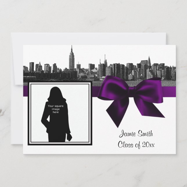 NYC Wide Skyline Etched BW Purple Photo Graduation Invitation (Front)