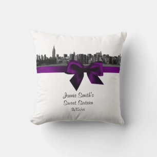 NYC Wide Skyline Etched BW Purple Pillow