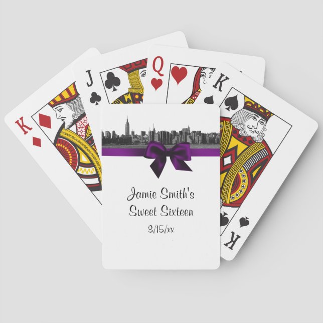 NYC Wide Skyline Etched BW Purple Playing Cards (Back)