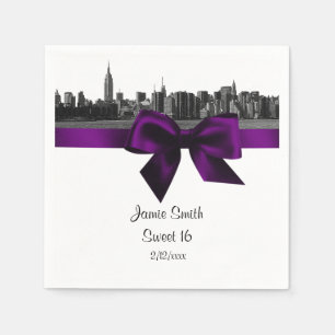NYC Wide Skyline Etched BW Purple Sweet Sixteen Napkin