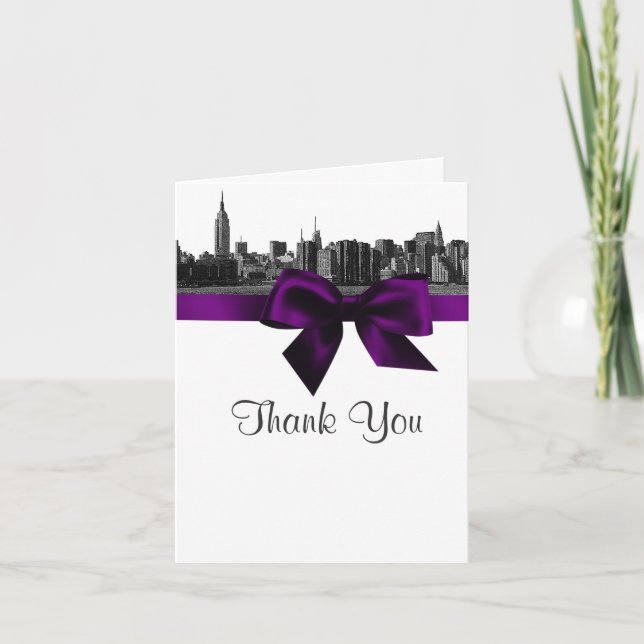 NYC Wide Skyline Etched BW Purple Thank You Card (Front)